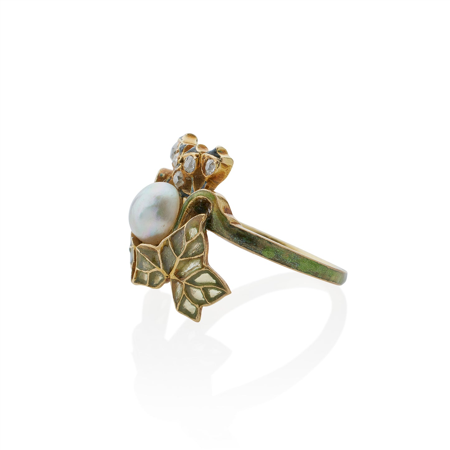 Macklowe Gallery René Lalique Art Nouveau Natural Pearl, Diamond and Plique-à-jour Enamel