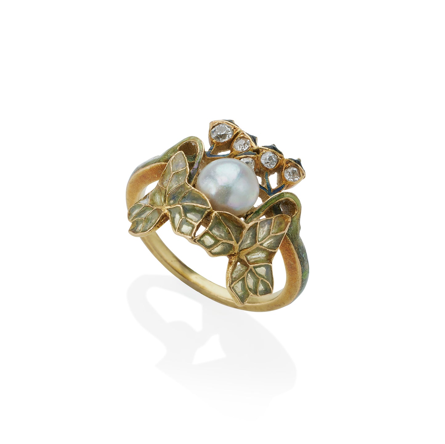 Macklowe Gallery René Lalique Art Nouveau Natural Pearl, Diamond and Plique-à-jour Enamel