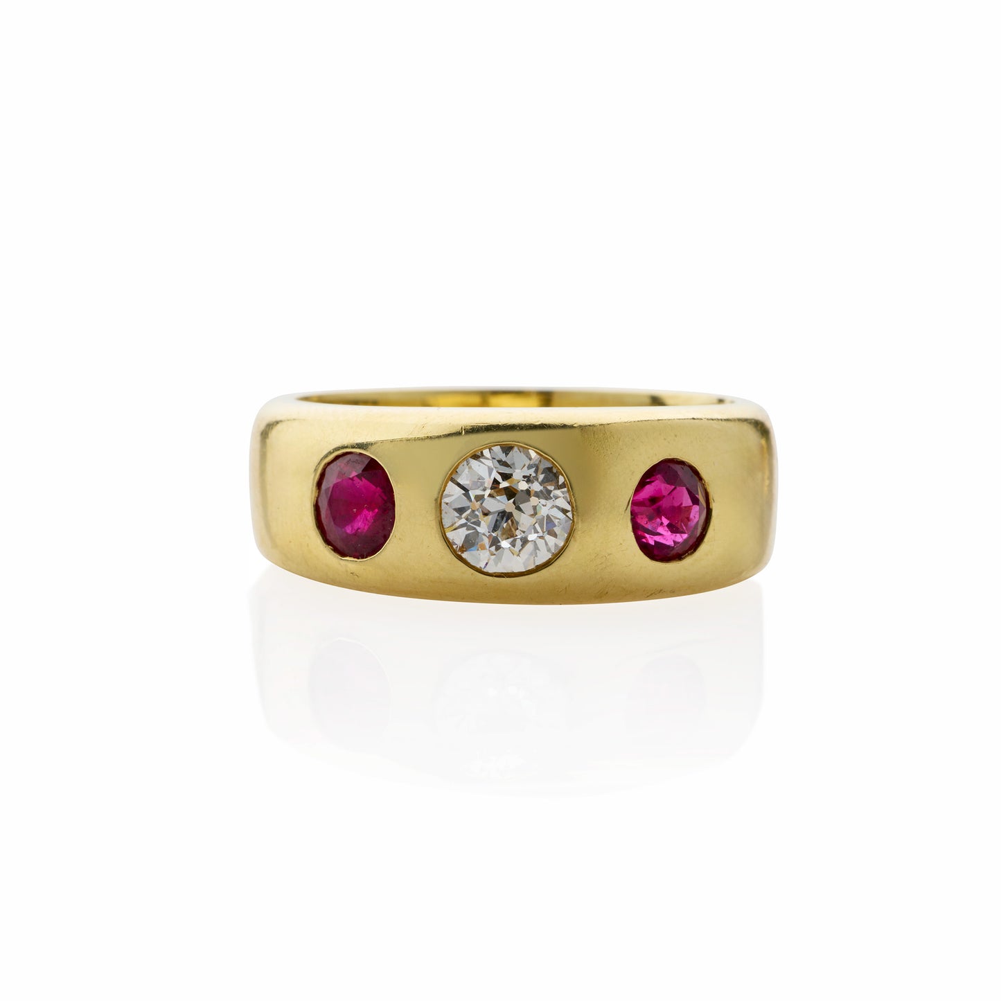 Macklowe Gallery Pair of Victorian Three Stone Diamond, Ruby and Sapphire Rings