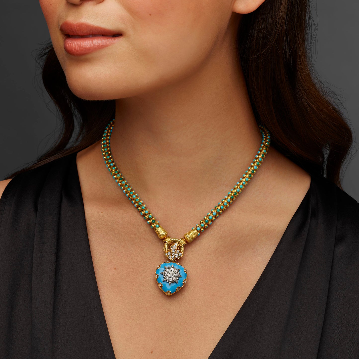 Macklowe Gallery Turquoise, Diamond and Enamel Serpent and Heart Locket Necklace