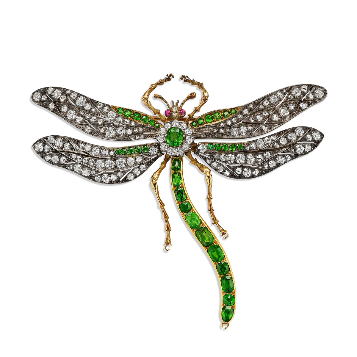 Macklowe Gallery Antique Demantoid Garnet and Diamond Dragonfly Brooch