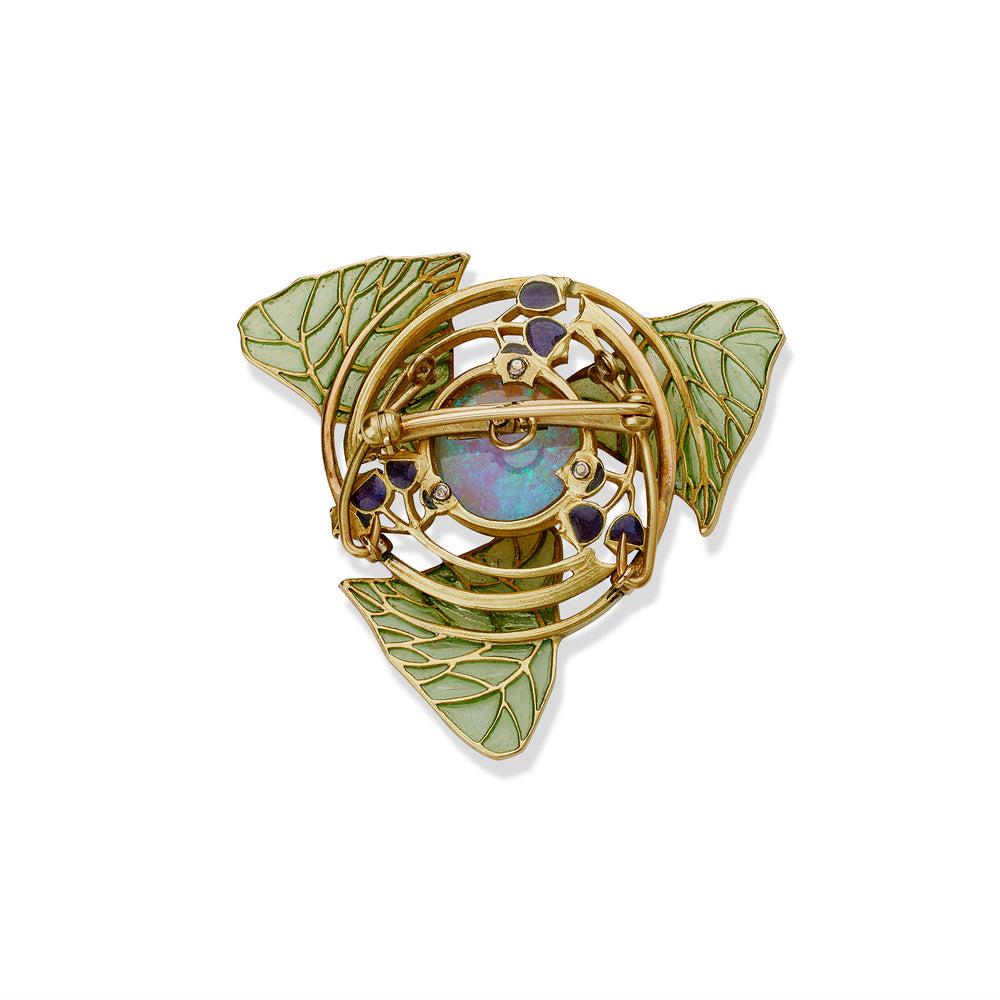 
                      
                        Macklowe Gallery René Lalique Art Nouveau Plique-à-jour Enamel and Fire Opal Pendant Necklace
                      
                    