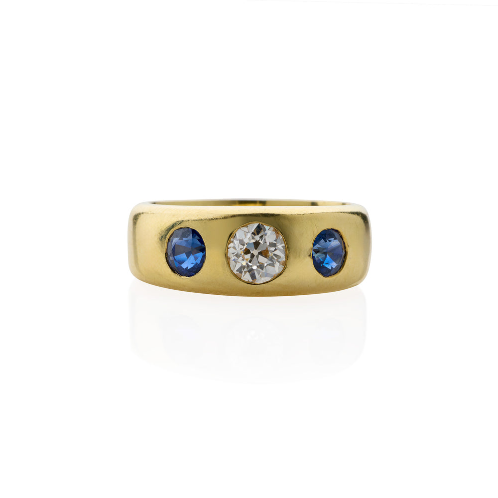
                      
                        Macklowe Gallery Pair of Victorian Three Stone Diamond, Ruby and Sapphire Rings
                      
                    