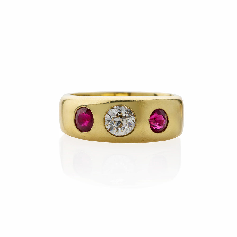 
                      
                        Macklowe Gallery Pair of Victorian Three Stone Diamond, Ruby and Sapphire Rings
                      
                    