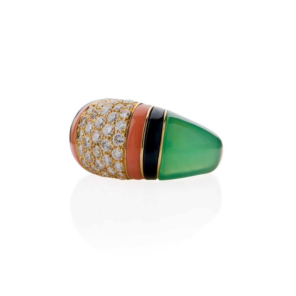 
                      
                        Macklowe Gallery Van Cleef & Arpels Diamond, Chrysoprase and Coral Bombé Ring
                      
                    