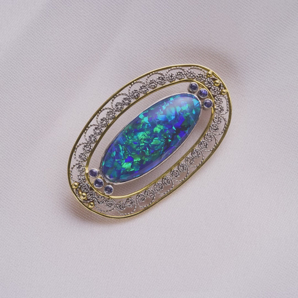 
                      
                        Load and play video in Gallery viewer, Louis Comfort Tiffany for Tiffany &amp;amp; Co. Black Opal Brooch
                      
                    